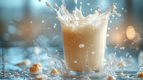 Fresh Milk Pouring into Glass with Splash on Light Blue Background Generative AI