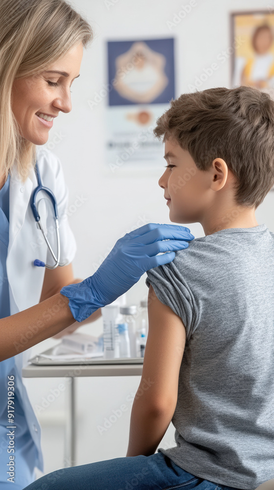 Nurse administering vaccine to young boy in clinic. Nurse administering vaccine to young boy in clinic.