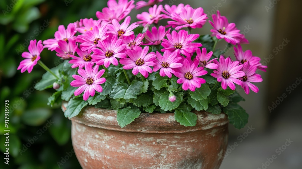 A vibrant pot of pink daisies in full bloom, showcasing their beauty in a rustic clay pot with lush green foliage. A vibrant pot of pink daisies in full bloom, showcasing their beauty in a rustic clay pot with lush green foliage.