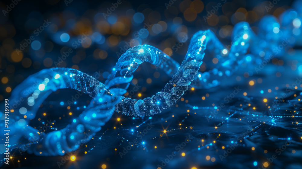 A glowing blue DNA helix with sparkling lights on a dark backdrop. A glowing blue DNA helix with sparkling lights on a dark backdrop.