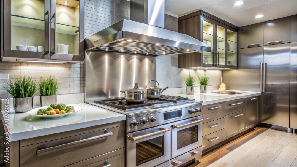 Sleek, modern kitchen features a stainless steel hot stove with burners aflame, surrounded by gleaming countertops, cabinets, and a stainless steel exhaust hood. Sleek, modern kitchen features a stainless steel hot stove with burners aflame, surrounded by gleaming countertops, cabinets, and a stainless steel exhaust hood.