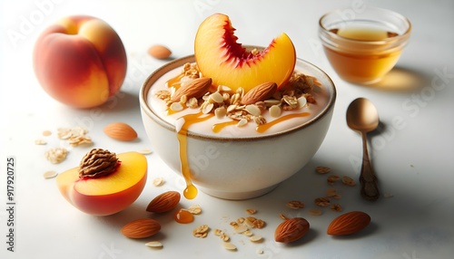 bowl with peach yogurt with granola, sliced almonds, and a drizzle of peach syrup, isolated on a white background