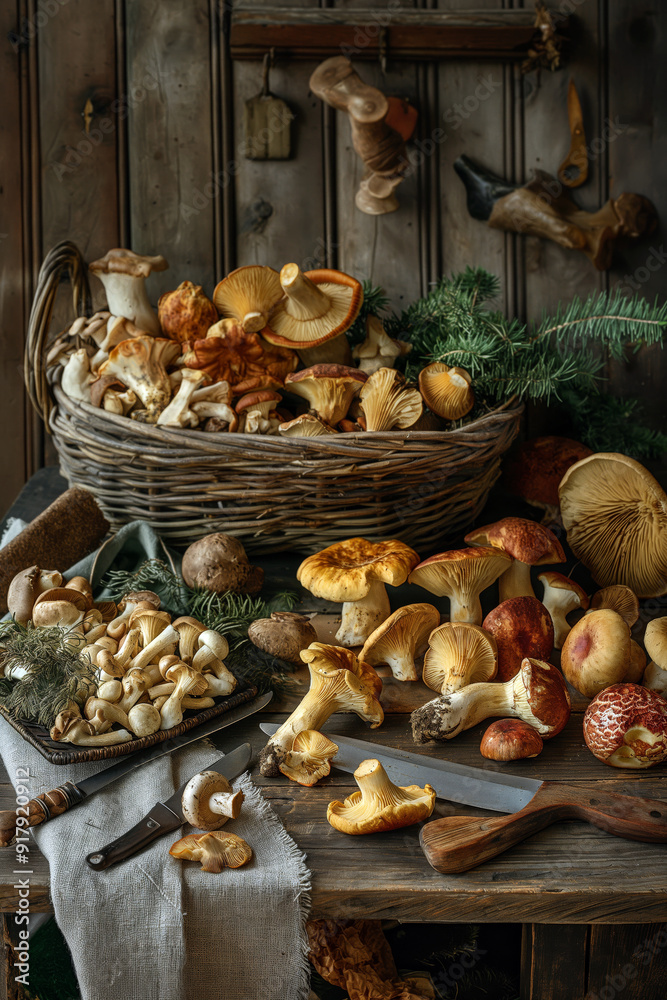 Rustic still life of a variety of wild mushrooms spread out on a wooden table, with a basket, a knife, and forest-themed decor in the background. Rustic still life of a variety of wild mushrooms spread out on a wooden table, with a basket, a knife, and forest-themed decor in the background.