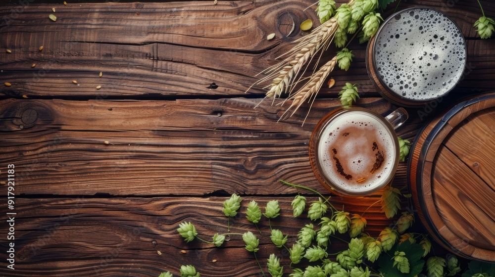 A wooden table with a mug of beer and a glass of beer on it A wooden table with a mug of beer and a glass of beer on it