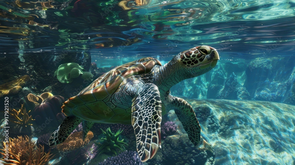 Fototapeta premium Sea Turtle Swimming Through Coral Reef