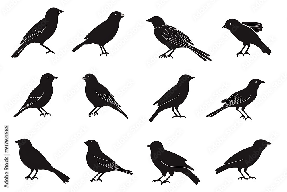 Fototapeta premium silhouettes of different birds in flight, silhouettes birds on white background.