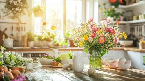 Bright and cozy kitchen with fresh flowers in a vase on a wooden table, creating a warm and inviting atmosphere in a sunlit space.