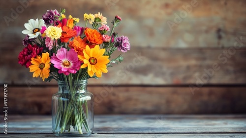 Bright bouquet of colorful flowers in a glass jar against a rustic wooden background, showcasing a mix of vibrant blooms.