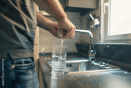 Close-up of thirsty man getting a glass of water from the sink in the kitchen. Beautiful simple AI generated image in 4K, unique.