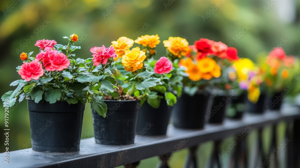 Brightly colored flowers in black pots lined up on a railing, showcasing a beautiful assortment of vibrant blooms and green foliage. Brightly colored flowers in black pots lined up on a railing, showcasing a beautiful assortment of vibrant blooms and green foliage.