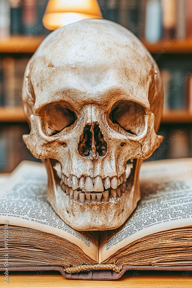 Skull placed on top of ancient books in a library setting, creating a contrast between life and knowledge. Generative AI Skull placed on top of ancient books in a library setting, creating a contrast between life and knowledge. Generative AI
