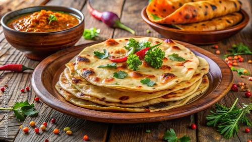 Steaming hot Indian flatbread roti served with flavorful spices and sauces, garnished with fresh cilantro, on a vibrant orange plate, against a rustic background.