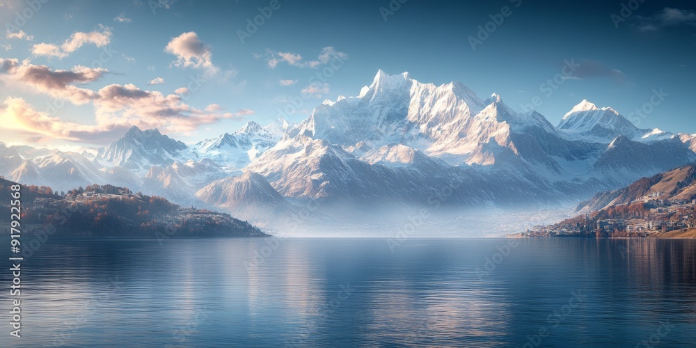 Fototapeta premium Majestic Snow-Capped Peaks Towering Over Serene Winter Lake: Breathtaking Alpine Landscape Showcasing Nature's Raw Beauty. AI-Generated 4K Wallpaper Blending Winter Wonderland, Holiday Spirit, and Pri