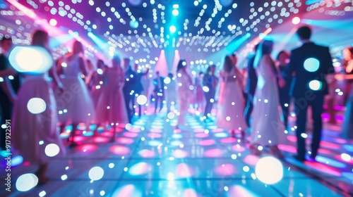 Academic gala night, students in formal wear, lively dance floor, vibrant decorations, colorful lights, wide-angle lens, high resolution, festive atmosphere