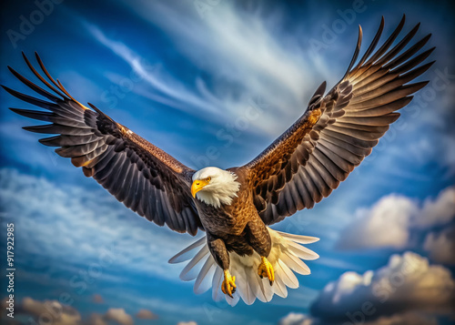 A blurred background of a majestic eagle in mid-flight, its wings spread wide, soaring high in the clear blue sky with feathers glistening. photo