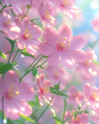 Fototapeta Naklejka Na Ścianę i Meble -  Delicate pink flowers bloom vibrantly, illuminated by soft morning light in a serene garden setting