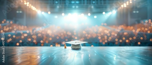 Certificate of excellence, recipient in academic hat, official presentation, institutional setting, spotlight on stage, close-up shot, high definition, prestigious award