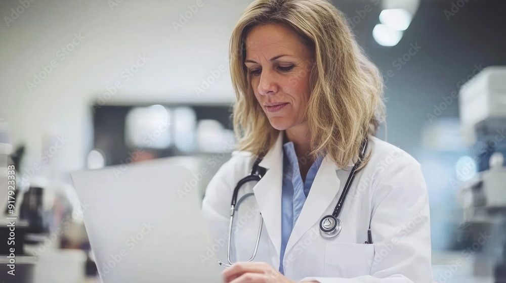 A healthcare expert reviews patient data while deeply focused in a well-equipped medical environment A healthcare expert reviews patient data while deeply focused in a well-equipped medical environment