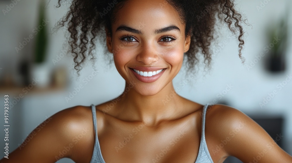 A young woman beams with joy, showcasing her vibrant personality in a cozy indoor setting A young woman beams with joy, showcasing her vibrant personality in a cozy indoor setting