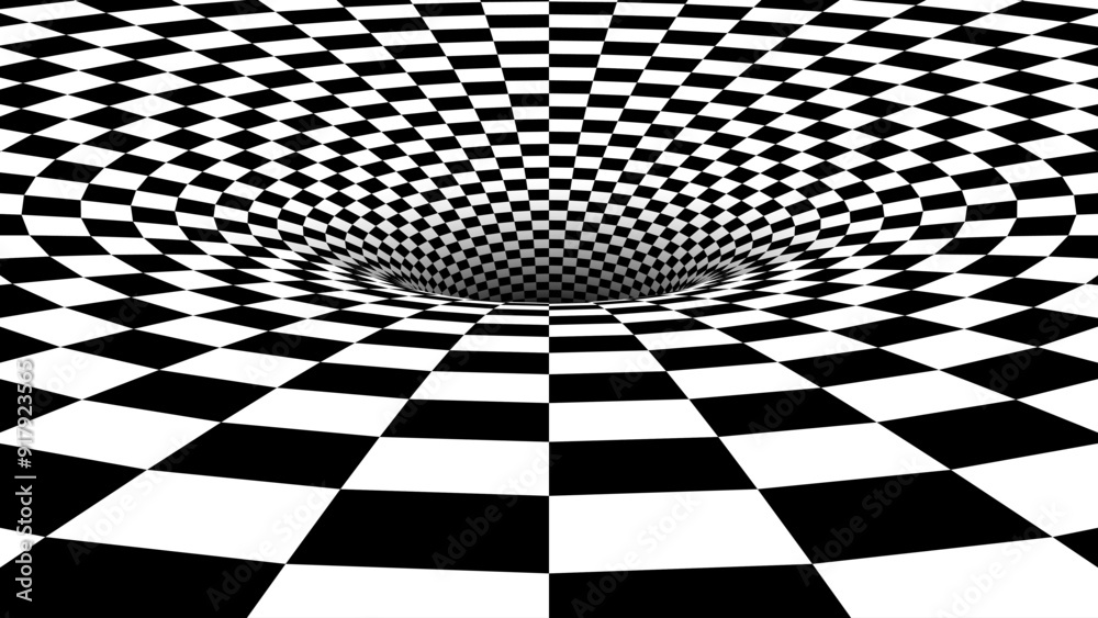 Abstract Black and White Optical Illusion Chess Pattern with Tunnel. Contrasty Optical Art Gravity Vortex. Smooth Checkered Tunnel and Chessboard in Perspective. Vector Illustration.