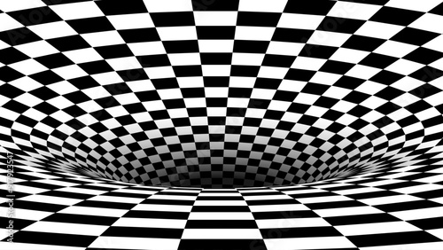 Abstract Black and White Optical Illusion Chess Pattern with Tunnel. Contrasty Optical Art Gravity Vortex. Smooth Checkered Tunnel and Chessboard in Perspective. Vector Illustration.