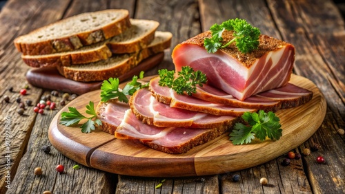 Traditional Lithuanian cured ham, skilandis, sliced and arranged on a wooden cutting board with fresh parsley and rye bread, evoking rustic European charm. photo