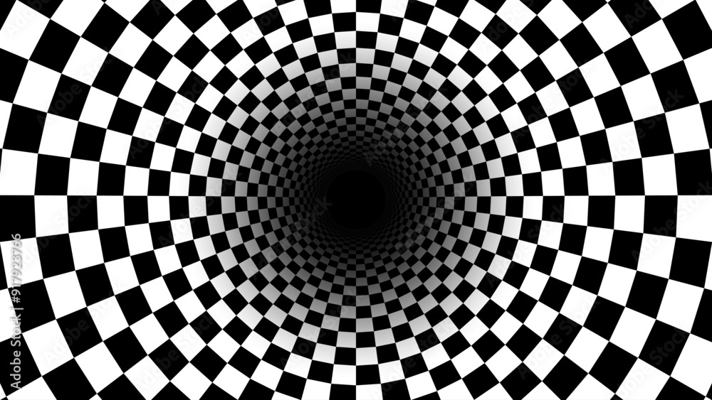 Obraz premium Abstract Black and White Optical Illusion Chess Pattern with Tunnel. Contrasty Optical Art Gravity Vortex. Smooth Checkered Tunnel and Chessboard in Perspective. Vector Illustration.