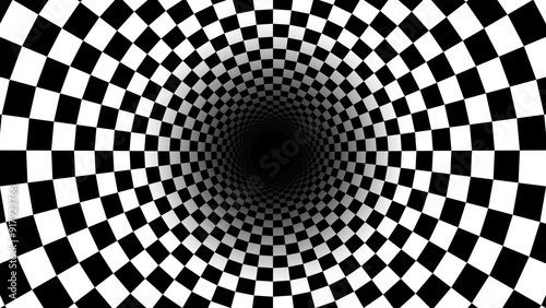Abstract Black and White Optical Illusion Chess Pattern with Tunnel. Contrasty Optical Art Gravity Vortex. Smooth Checkered Tunnel and Chessboard in Perspective. Vector Illustration.