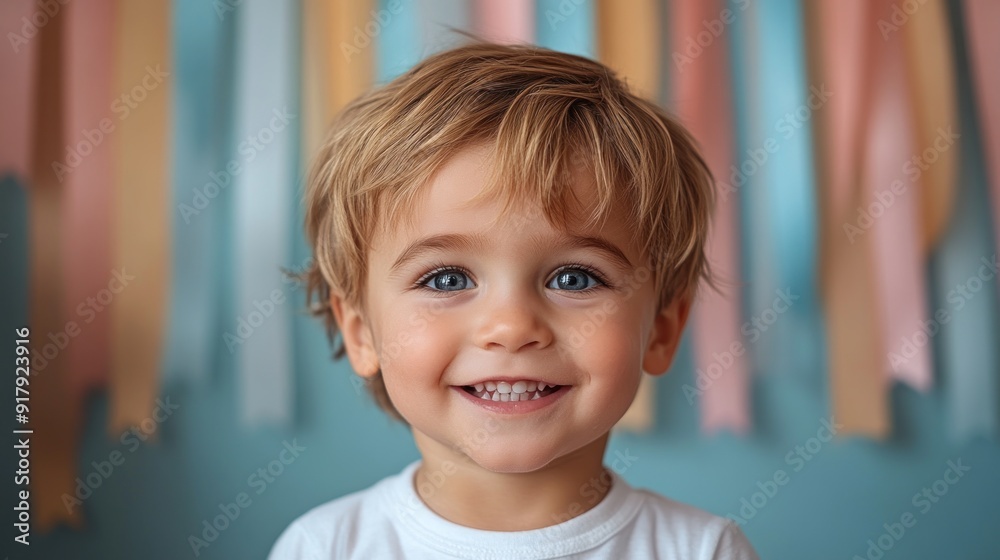 A cheerful boy beams with delight against a soft, pastel ribbon backdrop A cheerful boy beams with delight against a soft, pastel ribbon backdrop