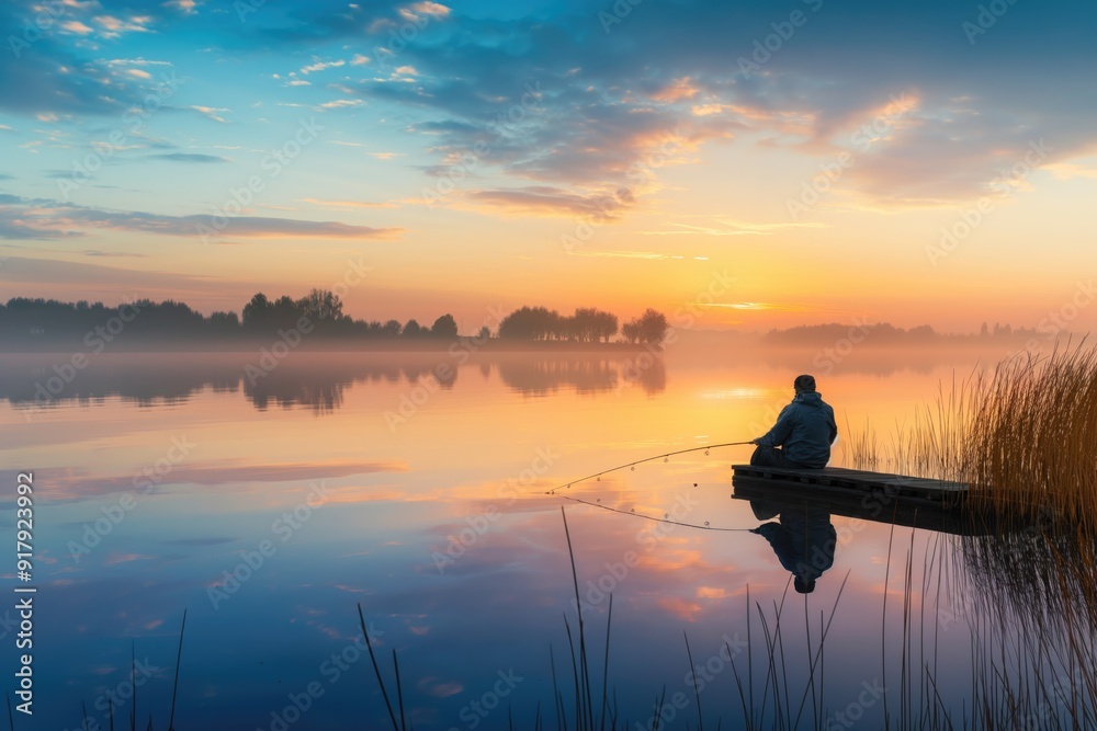 A fisherman sits quietly on a dock, casting lines into the misty lake as dawn breaks, painting the sky in soft pastels A fisherman sits quietly on a dock, casting lines into the misty lake as dawn breaks, painting the sky in soft pastels