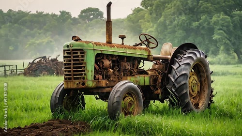 An old rusty tractor on a green field