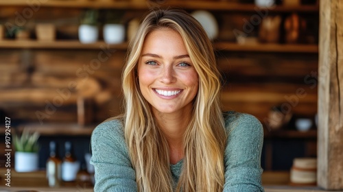 Wallpaper Mural A smiling woman with long hair radiates joy in a warm, inviting wooden interior Torontodigital.ca