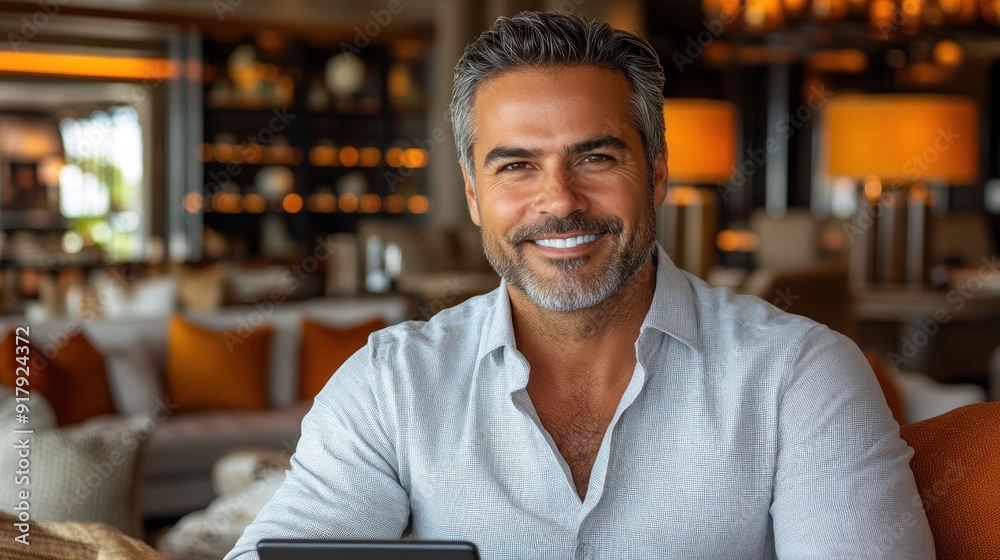 Fototapeta premium A smiling man sits comfortably in a stylish lounge, enjoying his time and engaging with a device