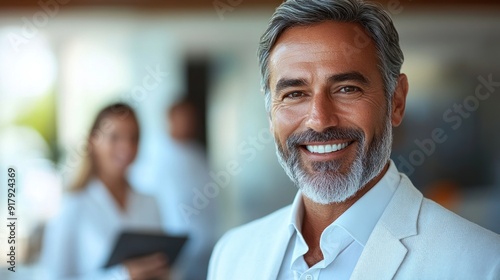 A smiling professional in a suit radiates confidence in a contemporary workspace