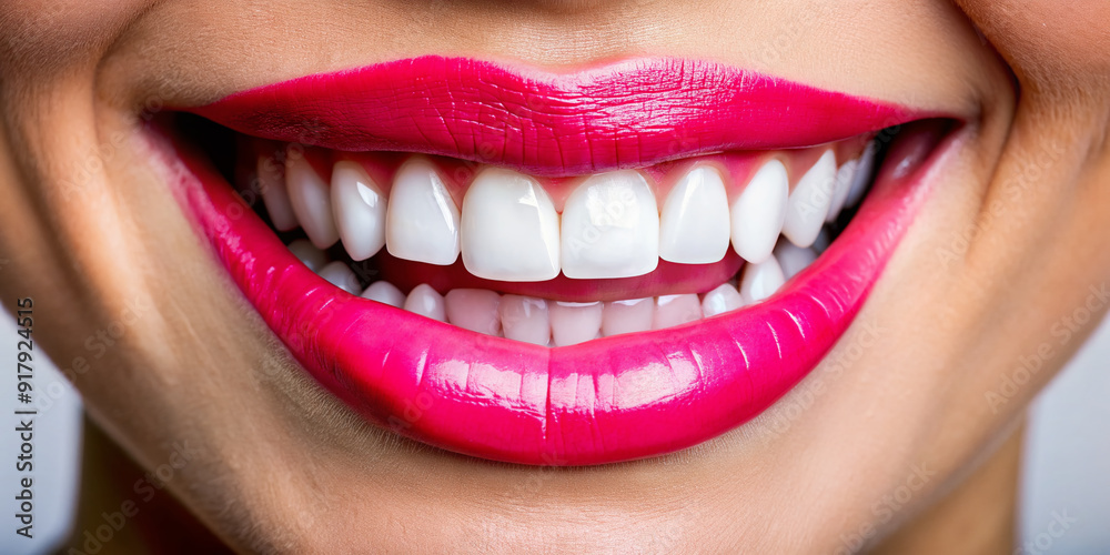 A bright and healthy smile with perfectly aligned white teeth and pink gums, showcasing a confident and friendly facial expression.