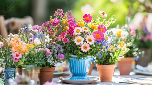 Wallpaper Mural Colorful flower arrangements in various pots on a sunny outdoor table, showcasing natural beauty and a vibrant summer garden scene. Torontodigital.ca