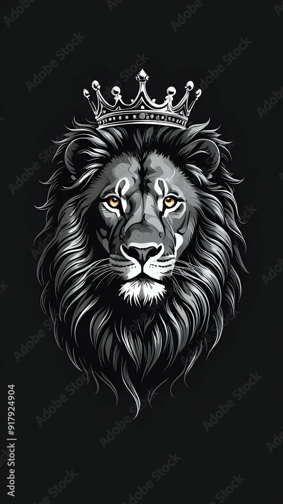 Obraz premium lion's head with a crown on its head, against a black background. The lion has a serious expression.