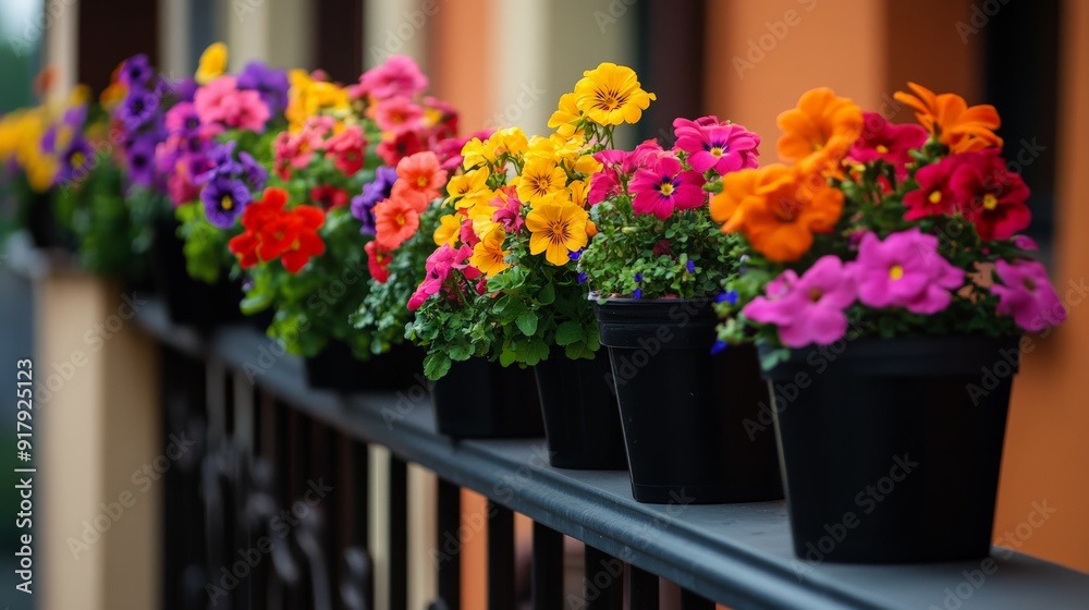 Colorful potted flowers in full bloom lined up on a balcony railing, creating a vibrant and cheerful outdoor display. Colorful potted flowers in full bloom lined up on a balcony railing, creating a vibrant and cheerful outdoor display.