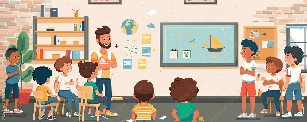 Children learning about Columbus, classroom setting, flat design illustration Children learning about Columbus, classroom setting, flat design illustration