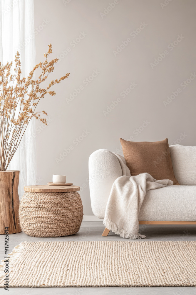 Japandi room interior design composition with oriental arrangements and warm tones. Zen inspired interiors with copyspace. Japandi room interior design composition with oriental arrangements and warm tones. Zen inspired interiors with copyspace.