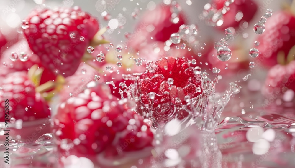 Fresh Raspberries Splashing into Water, Bubbles and Droplets, Vertical Composition Fresh Raspberries Splashing into Water, Bubbles and Droplets, Vertical Composition