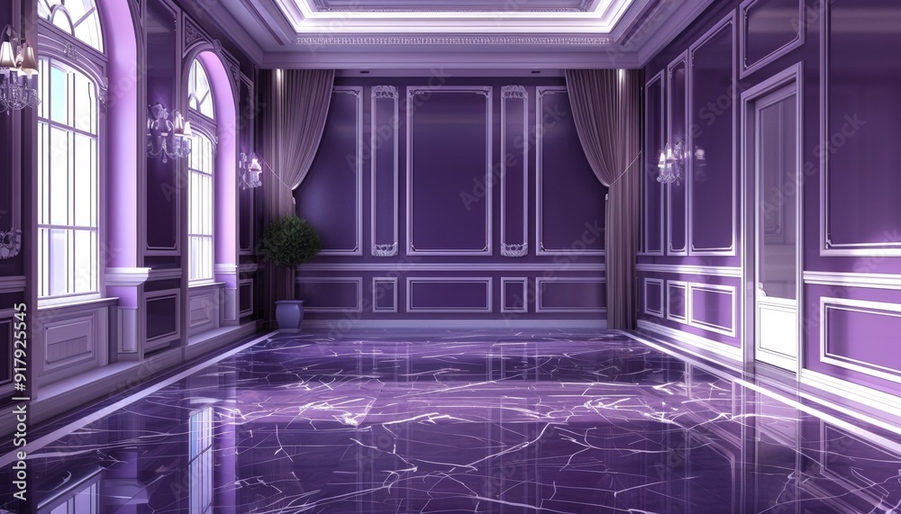 Fototapeta premium Luxurious Purple Paneled Room with Glossy Flooring and White Trim