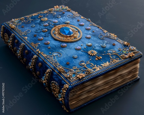 ornate blue book with pieces of indigo and precious stones inlaid, gold gilding photo