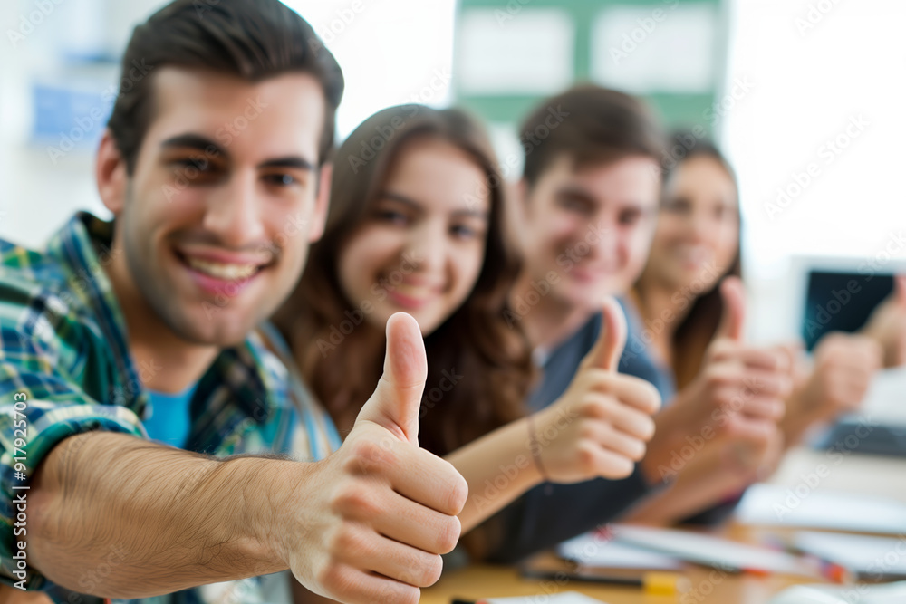 A group of happy students giving thumbs up in an office. A group of happy students giving thumbs up in an office.