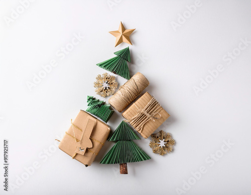 Eco Friendly Christmas Tree Made of Recycled Materials, Sustainable Decor on White Background