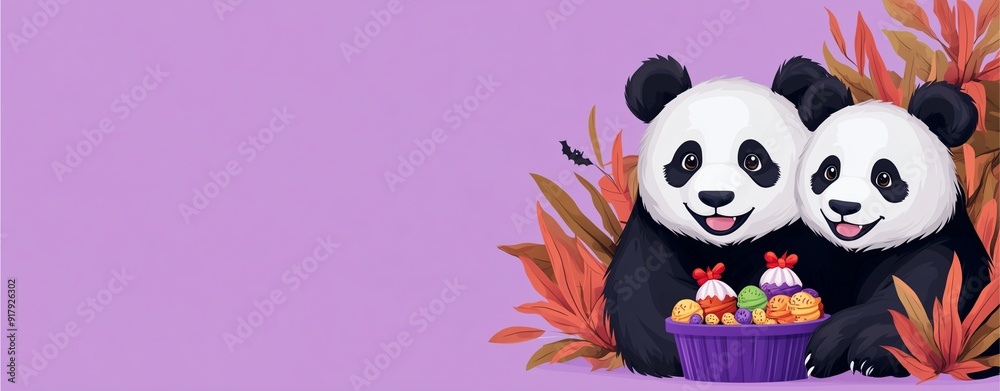 Fototapeta premium Pandas with Halloween candy in a purple background setting.