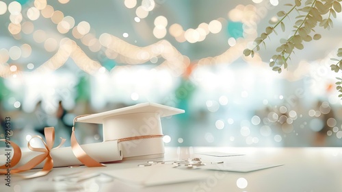 Scholarship award event, recipient with hat and certificate, formal setting, supportive crowd, warm ambient lighting, mid-range shot, high resolution, academic success photo
