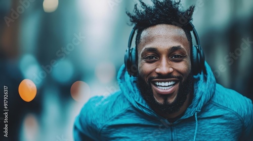 A joyful man wearing blue casual sportswear and headphones smiles broadly, capturing the essence of fun and enjoyment during a run in an urban background. photo