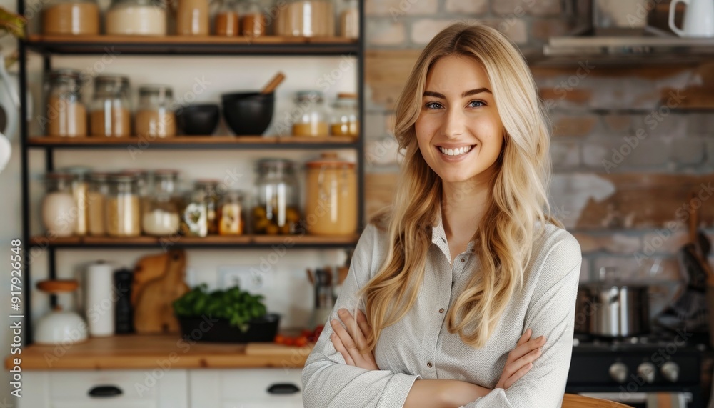 Portrait of Woman with Light Hair Smiling Standing in Modern Kitchen with Shelves Jars Bowls