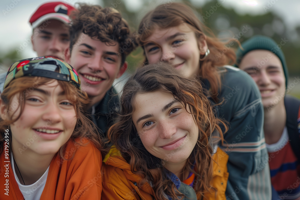 Group of young students smiling and looking at the camera.